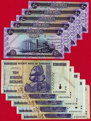 5 X 10 Billion Zimbabwe Dollars Banknotes +5 X 50 Iraq Dinar Dinars Currency Lot