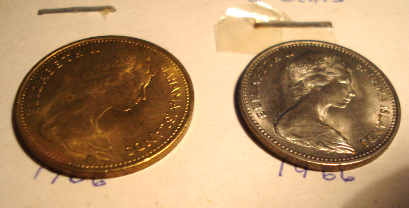(2) 1966 Bahamas 1 Km2 And 5 Km3 Cent Coins  Queen Elizabeth 11 2nd
